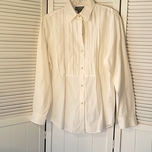 LAUREN RALPH LAUREN WOMEN’S WHITE LONG SLEEVE STITCHED FRONT SHIRT SZM - Picture 1 of 10